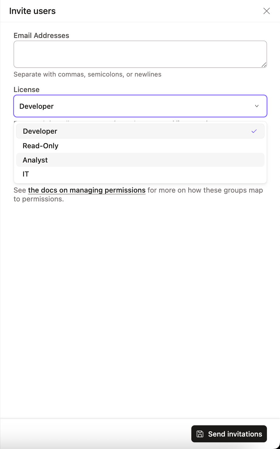 Example of the license dropdown in the user invitation window. Example of the license dropdown in the user invitation window.